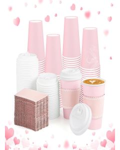 60 Pack Pink Coffee Cup with Lids Sleeves, 12oz Insulated To Go Paper Cups Pink Party Cups Disposable Paper Cups, Drinking Cup for New Year Anniversay Valentine's Wedding Birthday Baby Shower Party