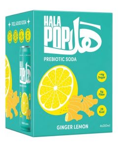 HalaPop Prebiotic Soda, Ginger Lemon - Sparkling Prebiotic Beverage with Plant-Based Fiber to Support Gut & Digestive Wellness, No Added Sugar, 29 Calories, 4 Pack (250 ml)