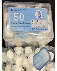 KORZYSTNY® 50 Tissue Coin Tablets with Free Paper Soap / Expandable Pocket Tissue / Travel-Friendly Disposable Compressed Towels for Outdoor, Office & Home Use