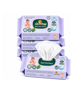 Bumbyy Baby Wet Wipes, 240 Count (4 x 60), 99.9% Water, Unscented & Gentle for Newborn Sensitive Skin.