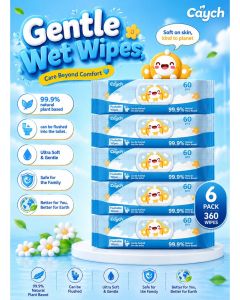 CAYCH Flushable Toilet Wipes, Pack of 6 x 60 (360 Sheets) – 99.9% Plant-Based, Biodegradable, Septic-Safe & Alcohol-Free Wet Toilet Tissue