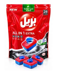 All In 1 Extra Dishwasher Tablets, 28 Tabs – Powerful Dishwashing Detergent Tabs for Dried-On Food, Grease & Stains – Clean & Shine Formula for Plates, Glasses, Cutlery, Pots & Pans