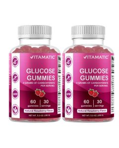 Vitamatic Glucose chewable Gummies 60 Count Natural Raspberry Flavor 4G of Carbohydrate per Serving 2 Bottles
