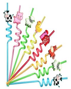 24 Reusable Farm Animal Plastic Straws Chicken Sheep Horse Cow Pig for Barnyard Farm Birthday Party Supplies Gift Favors with 2 Cleaning Brushes