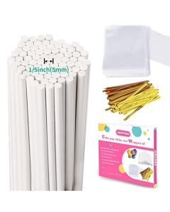 Cake Pop Thick Sticks and Wrappers Kit Including 100ct 6inch 5mm Diameter Paper Lollipop Sticks 100ct Clear Candy Bags Parcel 100ct Gold Twist Ties for Cakepop Lollipop Hard Candy