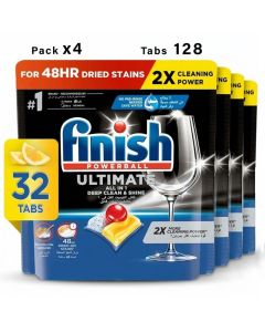 Finish Ultimate Dishwasher Tablets Lemon Sparkle 32 Tablets x 4 Pack, 128 Dishwasher Detergent Tablets, Powerful Cleaning & Shine