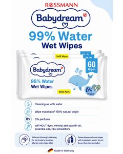 German Brand Wipes , Babydream Wet Wipes with 99% Water, 180 Pieces (3x60 Pack) – Cleaning as with Water, 100% Biodegradable, Fragrance-Free, Dye-Free, Mineral Oil-Free, Essential Oil-Free, PEG Emulsifier-Free, pH-Neutral.