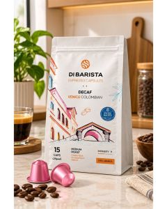Di Barista Venice Decaf Coffee Capsules - Capsules Bag 15 Pcs – Colombian 100% Arabica Decaffeinated Espresso Pods / Mountain Water Process / Nespresso Compatible