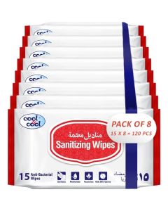 Cool & Cool Sanitizing Wipes - 15's (Pack of 8) - Antibacterial Skin Wipes with Vitamin E,Kills 99.9% Germs,Convenient for Use,Aloe Vera Gel & Herb Extract,Moisturizing and Nourishing - 120 Wipes