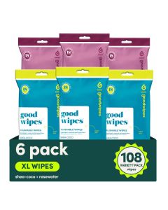 goodwipes Flushable Wipes Travel Size Extra Large Adult Wet Wipe OntheGo Portable Wipes Sewer Septic Safe Hygiene Essentials Shea Coco Rosewater 108 Count 6 Packs
