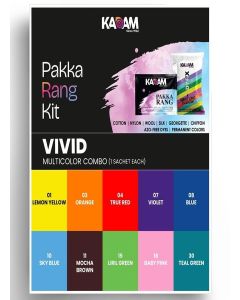 Kadam Fabric Dye 10 Shades Vivid Multicolour Combo Pack (Lemon Yellow, Orange, True Red, Violet, Blue, Sky Blue, Mocha Brown, Liril Green, Baby Pink, Teal Green), 5 Sachets DyFix Color Fixer
