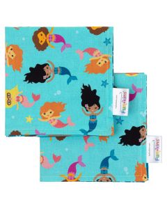 Funkins Reusable Cloth Napkins for Kids 12x12 2Ply Thick Absorbent Durable Machine Washable Name Tag Soft Cotton Fabric Great for School Lunchboxes Set of 2 Napkins Mermaids