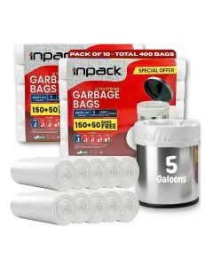 Inpack Ultra Strong Garbage Bags 5 Gallon (46 x 52 cm) – Pack of 10 Rolls, Total 400 White Trash Bags / 150+50 Bags Free Per Pack / Leak Resistant Small Bin Liners for Kitchen, Bathroom, Office & Home