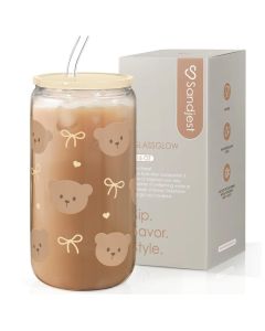 Bear Glass Can Iced Coffee Aesthetic Cup Gift for Christmas Birthday Gifts for Women Girls 16oz
