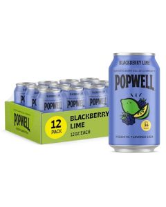 Popwell Blackberry Lime BetterForYou Prebiotic Soda with 6g Fiber 1g Sugar Vitamins and Immunity Support 12 fl oz Cans pack of 12