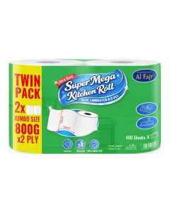Al Fajr Kitchen Paper Towels, Twin Pack, 2-Ply, 400 Sheets Each, 800g Heavyweight, Strong, Absorbent, Embossed & Long-Lasting