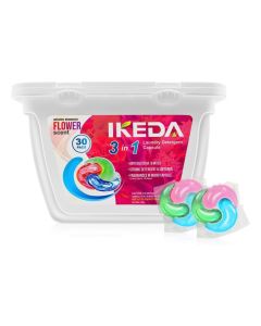 IKEDA 3-in-1 Laundry Detergent Capsules Flower Scent – 30 Pods / Detergent, Softener & Fragrance / Anti-Bacteria & Mites