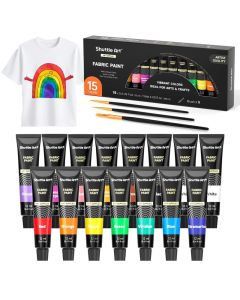 Shuttle Art Fabric Paint 15 x 12ml Tubes Permanent Soft Fabric Paint with 3 Brushes NonToxic Textile Paint for Clothes TShirts Shoes Jeans Bags DIY ProjectsArt Ideal for Kids Adults Artists