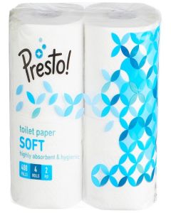 Presto! 2 Ply Toilet Tissue Paper, 100% Natural virgin paper - Pack of 4 (400 Pulls per Roll)
