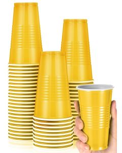 Uiifan 50 Pieces 9 oz Plastic Cups Disposable Drinking Cups Bulk for Beverage Coffee Picnics Christmas Day Birthday Party Wedding Halloween Thanksgiving(Yellow)