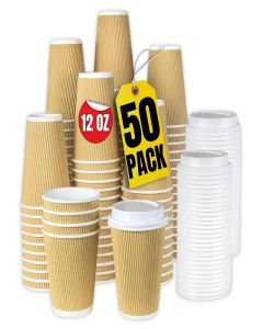 1InTheHome 12 oz Coffee Cups With Lids Disposable Insulated Ripple Wall Paper Coffee Hot Cups (50 Cup & 50 Lids)