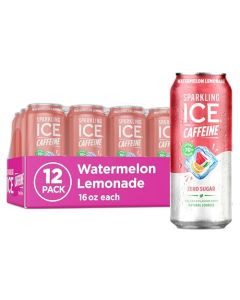 Sparkling Ice Caffeine Watermelon Lemonade Sparkling Water with Caffeine Zero Sugar with Antioxidants and Vitamins16 fl oz Cans Pack Of 12