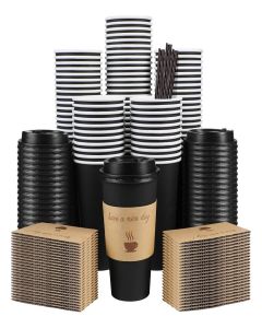 Clawsoff 100 Pack 16 oz Coffee Cups with Lids, Disposable To Go Paper Coffee Cups with Sleeves and Stirring Sticks for Hot/Cold Drinks Office Home Shop Event (Black)