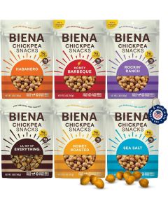 BIENA Chickpea Snacks Variety Pack - Crunchy Roasted Chickpeas with BBQ, Habanero, Honey Roasted, Lil' Bit of Everything, Sea Salt, and Rockin' Ranch - 6-Pack, 5 oz Bags