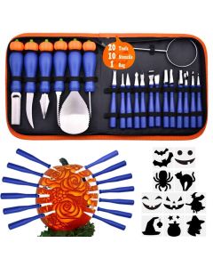 CarveFun Pumpkin Carving Kit Heavy Duty Stainless Steel Tools with Carrying Case Total 31 Pieces Pumpkin Carver Pumpkin Sculpting Set Halloween Party Decorating Gift for Adults Blue