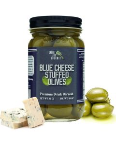 Green Jay Gourmet Blue Cheese Stuffed Olives - Premium Drink Garnish - 16 Ounces