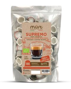 MUST 100 Coffee Capsules SUPREMO Organic Blend Single Origin, Compostable Capsules Compatible with Nespresso Machine, Recyclable - Home Compost, Made in Italy