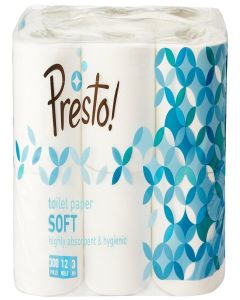 Amazon Brand - Presto! 3 Ply Toilet Paper Roll / 3600 Pulls / 300 Pulls X 12 Rolls / Soft And Highly Absorbent / 100% Natural Virgin Cellulose Fiber