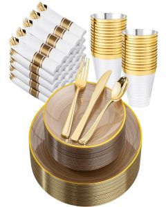 Morejoy 175PCS Yellow Plastic Plates - Disposable Gold Party Plates & Pre Rolled Napkins with Cutlery for 25 Guests, 50Plates, 75Silverware, 25Cups, 25Napkin for Party & Thanksgiving