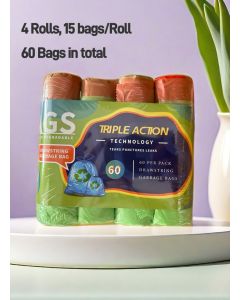 Garbage Bags Biodegradable Compact Roll Green 45x50cm (15pc x 4Rolls) 60 bags, Drawstring garbage bag