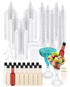 Baderke 40 Sets 5oz Plastic Charcuterie Cups with 1.7oz Mini Salad Dressing Bottles 50 Cocktail Picks, 50 Spoons Forks, 2 Funnels Disposable Snack Appetizer Cups for Wedding Birthday Party Supplies