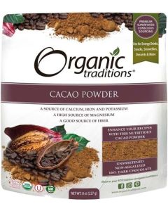 Organic Traditions Cacao Powder / 227 g / Rich Chocolate Flavor / High in Fiber and Magnesium / No Added Sugar