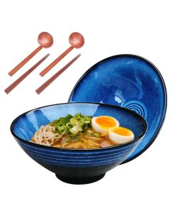 NJCHARMS Ceramic Japanese Ramen Noodle Soup Bowl 2 Sets 6 Piece 42 Ounce with Matching Spoon and Chopsticks for Udon Soba Pho Asian Noodles 8 inch Beige