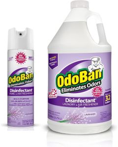 OdoBan ReadytoUse Disinfectant and Harsh Aroma Eliminator Set of 2 146 Ounce 360Degree Continuous Spray FabricAir Freshener and 1 Gallon MultiPurpose Cleaning Concentrate Lavender Scent