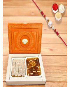 Ghasitaram Gifts Jaiccha Rakhi Gifts/Rakhi Sweets - Pure Kaju Katlis and Milk Cake box 200 gms with rakhi