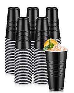 tchrules 100 Pack 16 oz Black Plastic Cups, Disposable Party Cups for Halloween, Black Drinking Cup Bulk for Graduation Birthday Wedding Anniversary Picnic Pool Bachelor Holiday Party Supplies