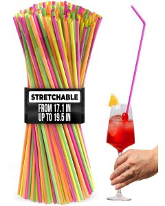 200 Pcs Extra Long Straws Disposable 17.1"–19.5" – Flexible Plastic Super Long Straws - Stretchable & Bendable for Fun Shapes, Large Cups / Bright Colors for Smoothies, Cold Drinks, Parties and Events