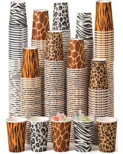 Rtteri 300 Pcs Jungle Safari Animal Party Paper Cups Bulk Leopard Cheetah Tiger Zebra Giraffe Print Cups 8 oz Wild Animals Disposable Cups for Baby Shower Wedding Birthday Zoo Theme Party Supplies
