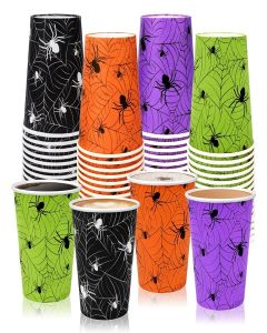 TREWAVE 48Pcs Halloween Paper Cups - 9oz Disposable Party Cups for Hot/Cold Drinks, Snacks - Spider Web Pattern Design in Orange, Purple, Black, Green - Festival Party Supplies