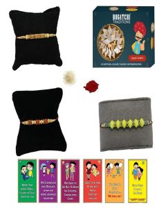 BOGATCHI Rakhi with Sweets, Rakhi for brother with sweets, Rakhi with sweets for brother, Rakhi for brother with gift sweets -Kaju Katli, 200g + Rakhi Set of 3 +Roli Chawal+ Rakhi Card /KKTRKH-3-1