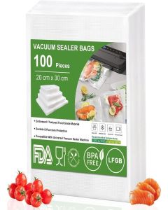 SONIQE Vacuum Pouch, Pack of 100, Dotted Embossed BPA Free Microwaveable Transparent Food Storage Vacuum Bags with 90 Micron Thickness, Plastic (20cm x 30cm)
