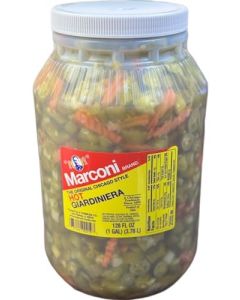 Marconi Hot Giardiniera Chicago Style Vegetable Mix with Peppers Carrots Cauliflower Celery Gherkins Bulk Jar 128 fl oz 1 Gallon
