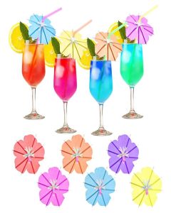 WELLFAR Fun Umbrella Drink Straws, Tropical Cocktail Straws with Mini Umbrella, Tiki & Hawaiian Party Decorations, Colorful Parasol Straw for Margarita, Pina Colada, Mojito, Summer Beverages. 50 PCS
