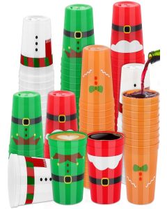 Kochorie 60 Pieces Christmas Plastic Party Cups 16 Ounces Christmas Plastic Tumblers Disposable Holiday Stadium Cups Santa's Belt Plastic Tumblers Assorted Styles for Christmas Party Supplies