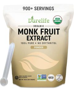 DureLife Organic 100% Pure Monk Fruit Extract Powder - Zero Calorie Sweetener, No Erythritol, USDA Organic, Keto Certified
