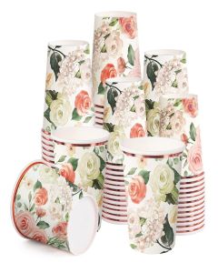 WRAPAHOLIC 50 Pcs Floral Paper Cups - 9 oz Pink Flower Disposable Cups, Coffee Cups, Hot/Cold Beverage Drinking Cups for Water Juice, Perfect for Home, Office and Party Supplies